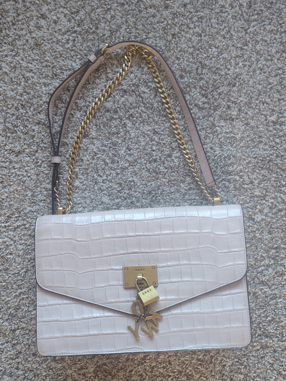 DKNY Croc-Embossed Shoulder Bag in Pale Pink with Gold Hardware
